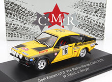 Modelo de coche de rally Opel Kadett GT/E amarillo y negro, n.º 16, edición Montecarlo 1976, anunciado en Vroomi.