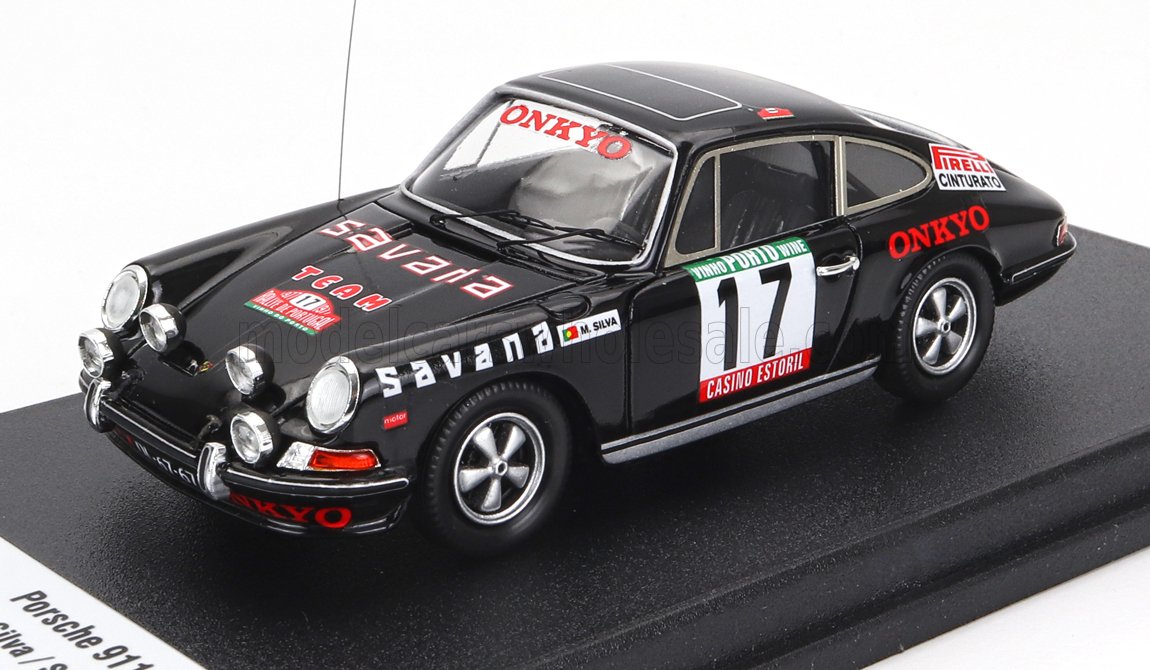 Black Porsche 911 vintage race car model with rally decals and number 17, featured on Vroomi platform