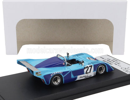 Coche de carreras vintage azul y morado, modelo número 27, sobre un soporte negro, ahora disponible en Vroomi.