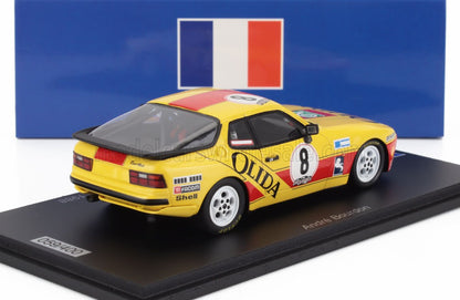 Yellow Porsche 944 rally car model with Olida sponsor and number 8, on display stand, available on Vroomi