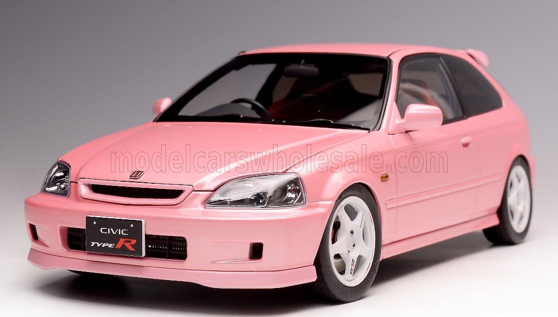 Coche modelo Honda Civic Type R rosa con ruedas blancas, expuesto y disponible en Vroomi.