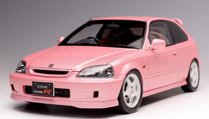 Coche modelo Honda Civic Type R rosa con ruedas blancas, expuesto y disponible en Vroomi.