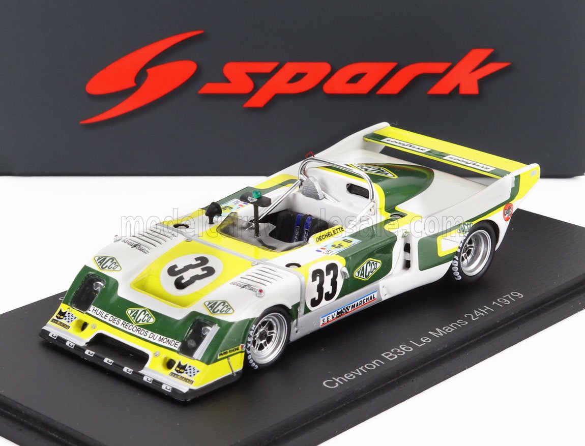 Spark model coche de carreras Chevron B36 número 33 en verde, amarillo y blanco, Le Mans 24H 1979, a la venta en Vroomi.