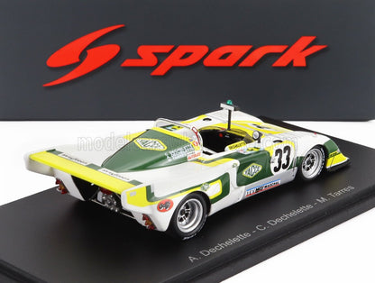 Maqueta a escala del coche de carreras vintage número 33 en amarillo, verde y blanco, con la marca Spark, también incluida en Vroomi.