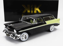 Coche modelo Chevrolet Bel Air de 1956, negro y amarillo, con detalles cromados, disponible en Vroomi.