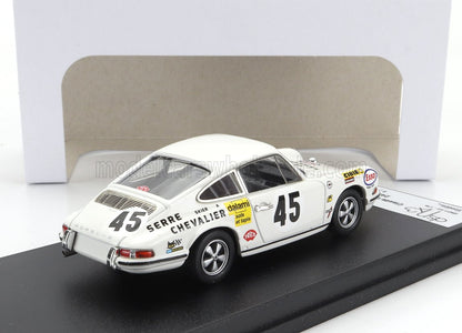 White Porsche 911 race car model #45 with sponsor decals on black display stand, offered on Vroomi