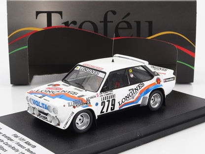 Coche a escala de rally Fiat 131 Abarth con calcomanías de carreras, ahora disponible en Vroomi.