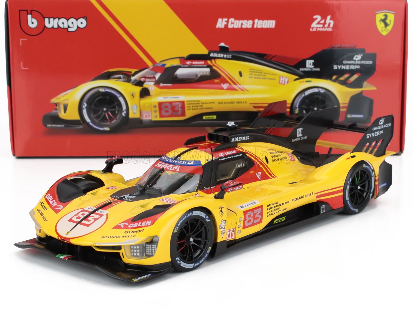 Modelo de coche de carreras Ferrari 83 AF Corse amarillo con detalles en negro y rojo, neumáticos Michelin, expuesto con embalaje, disponible en Vroomi.