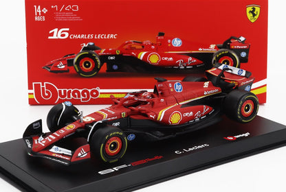 Maqueta a escala 1/43 del coche de Fórmula 1 Ferrari SF-24 de Charles Leclerc con logotipos detallados de los patrocinadores, disponible en Vroomi.