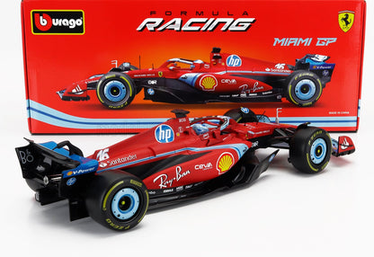 Modelo de coche Ferrari Formula Racing Miami GP a escala 1:18 de Bburago con logotipos detallados de los patrocinadores, disponible a través de Vroomi.