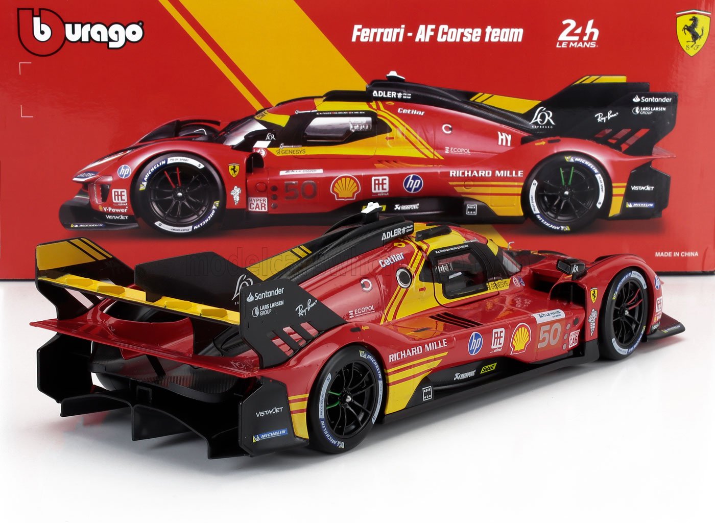 Modelo de coche de carreras Bburago Ferrari AF Corse 24h Le Mans en rojo y amarillo, disponible a través de Vroomi.