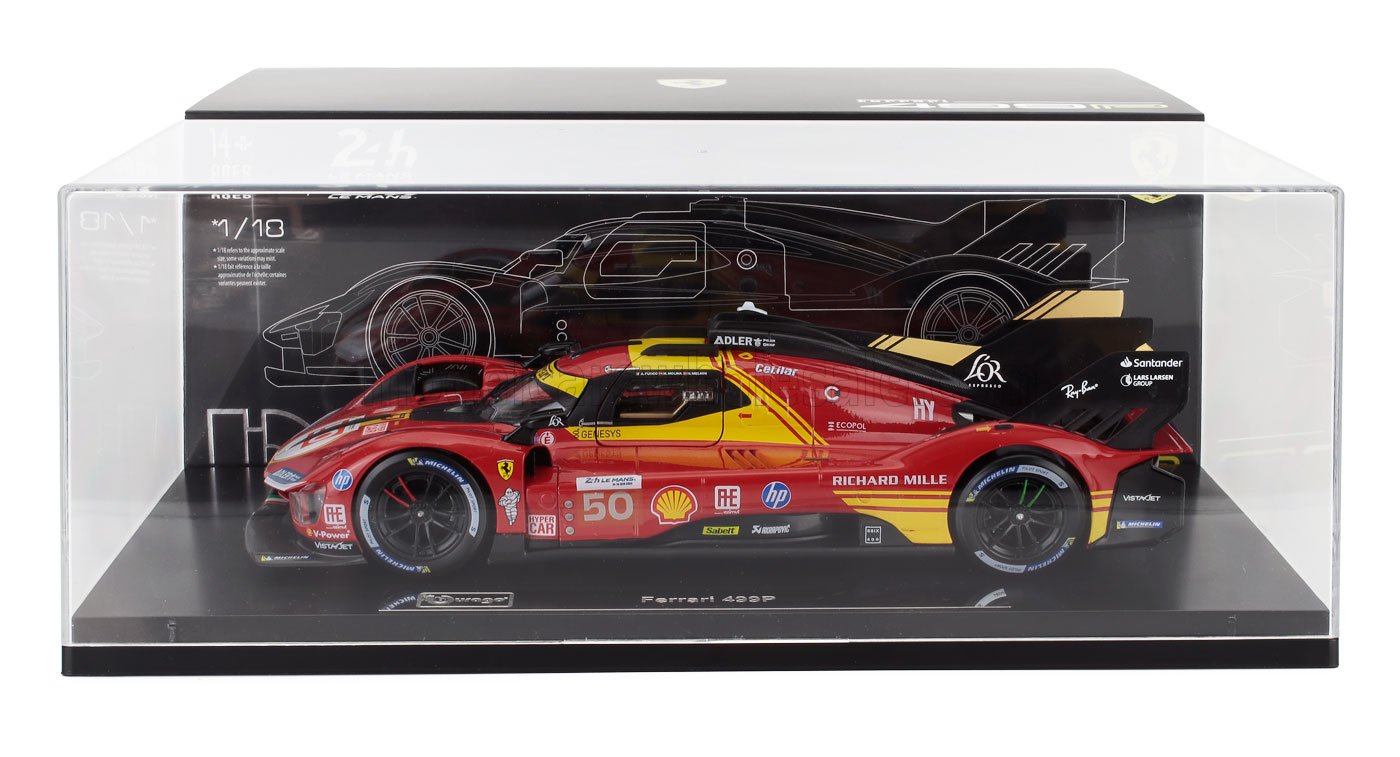Modelo a escala 1/18 del hiperdeportivo Ferrari 499P en rojo y amarillo en vitrina, disponible en Vroomi.