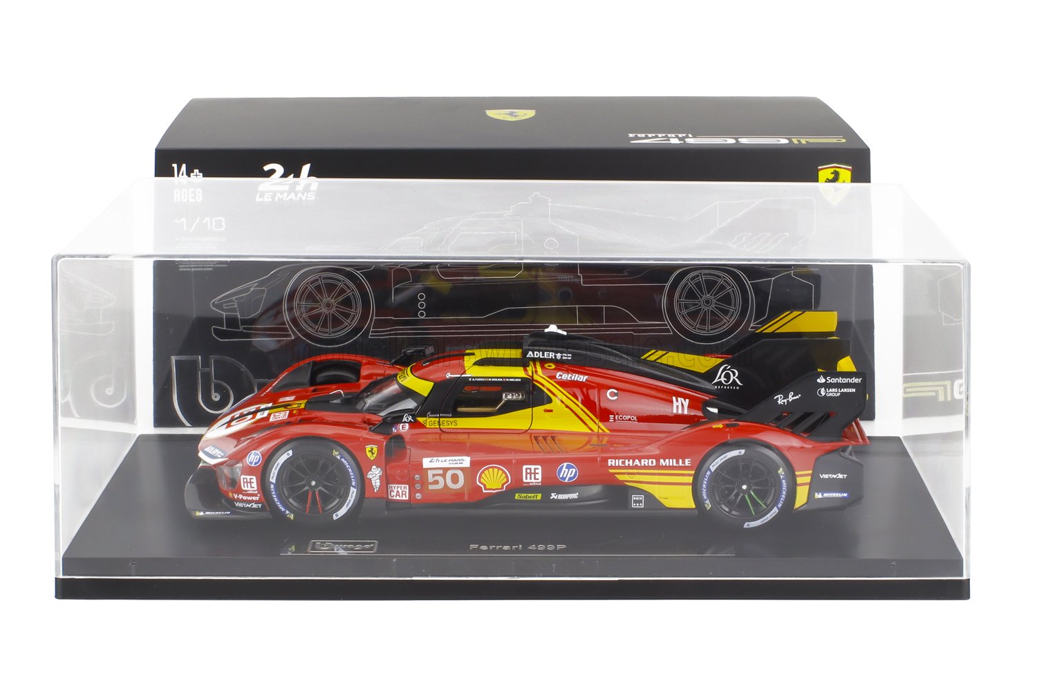 Red Ferrari 499P 1:18 scale race car model in clear display case, ready to buy on Vroomi