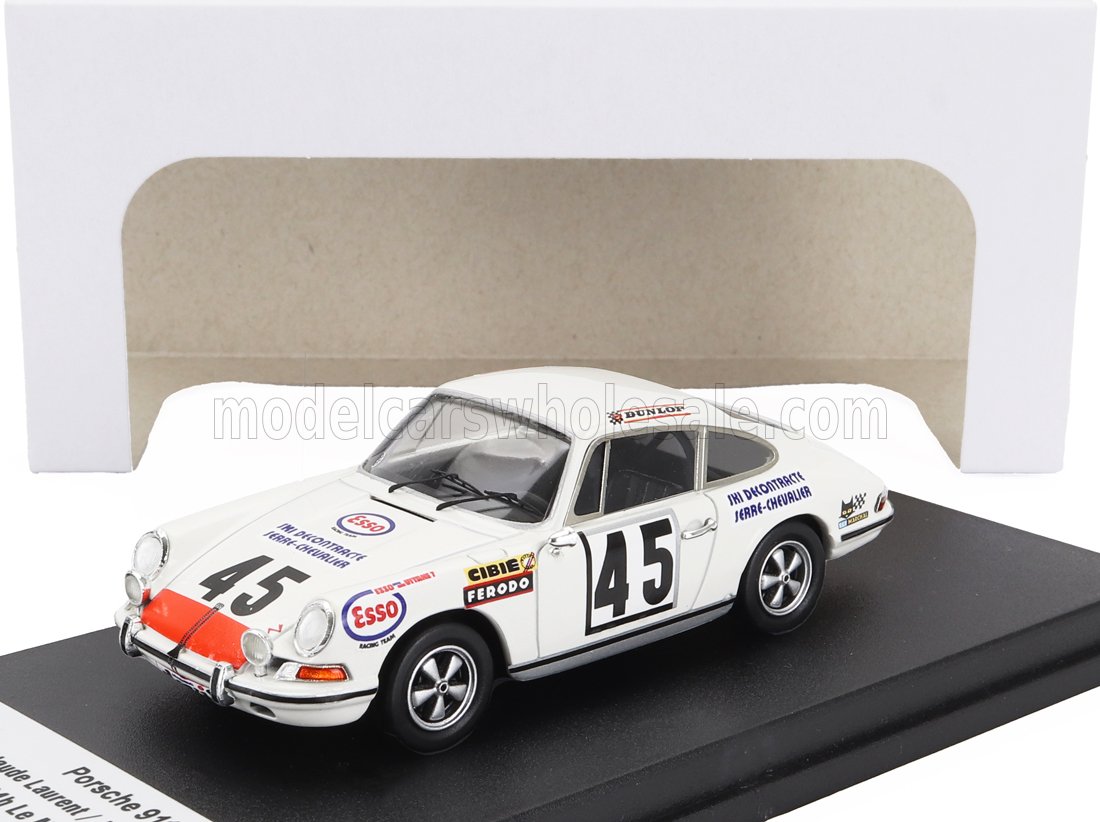 Coche de carreras Porsche 911 blanco con el número 45 y adhesivos de patrocinadores en exhibición, ofrecido en Vroomi.