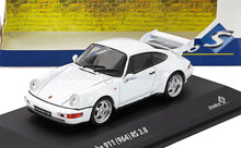White Porsche 911 964 RS 3.8 scale model car on display stand, collectible available now online