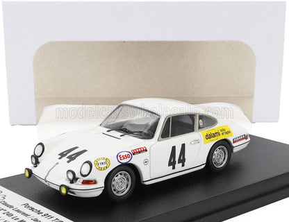 Coche de carreras Porsche 911 T blanco con el número 44 y pegatinas de patrocinadores, disponible en Vroomi.