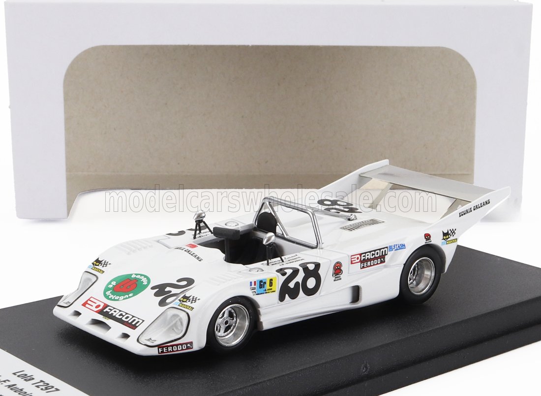 White Lola T297 vintage race car model with number 28 and sponsor decals, displayed on black platform, available on Vroomi
