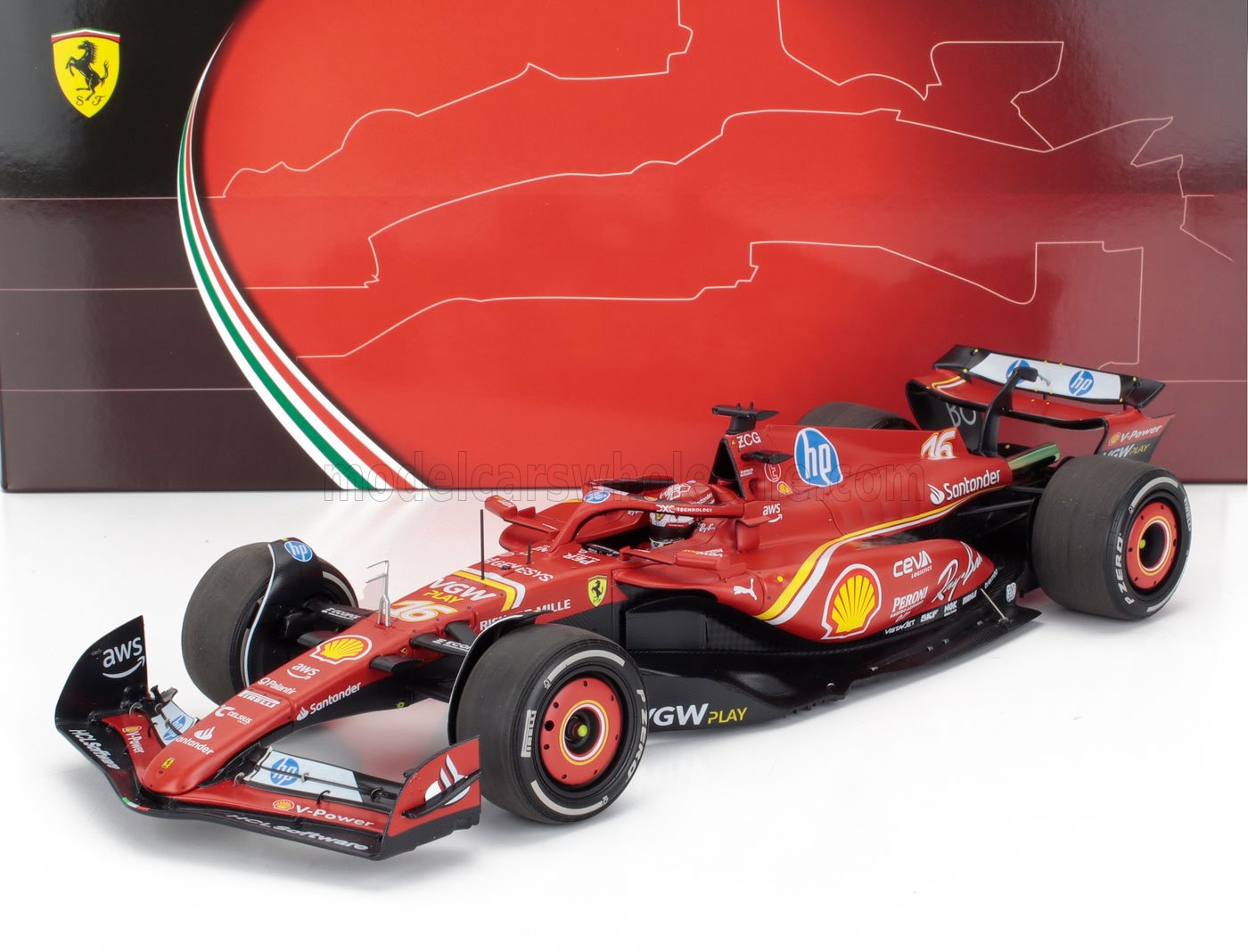 Maqueta de coche Ferrari F1 rojo con adhesivos de patrocinadores, ya disponible para coleccionistas en Vroomi.