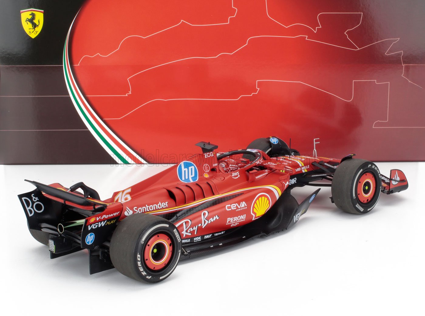 Coche a escala Ferrari F1 rojo con adhesivos de carreras, ahora disponible en Vroomi para coleccionistas.