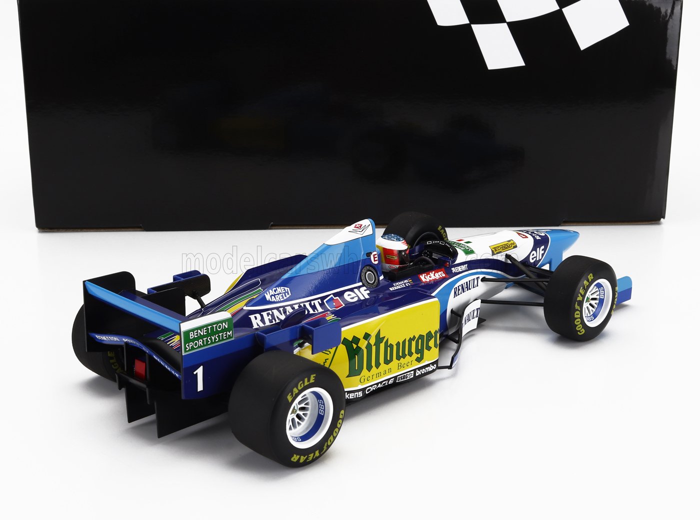 Modelo de coche de carreras Benetton Renault F1 a escala 1:18 con las marcas Bitburger y Goodyear, disponible en Vroomi.