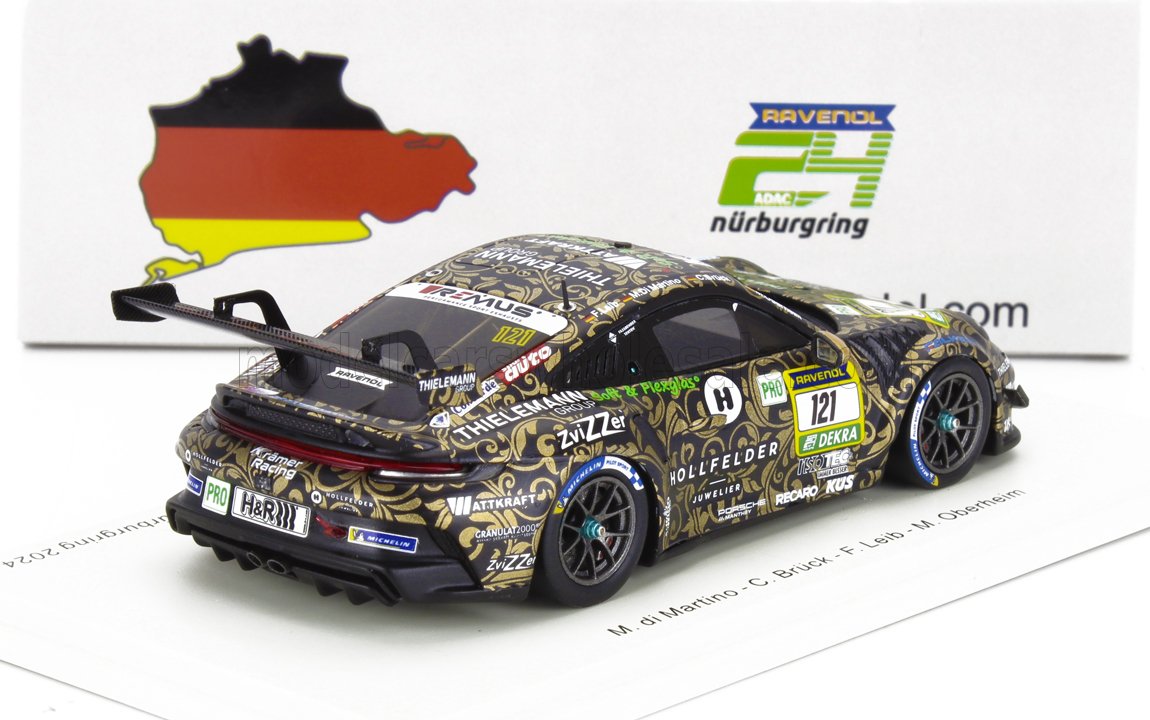 Detailed Porsche race car model with gold and black livery, Nürburgring map, available on Vroomi