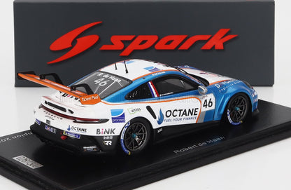 Porsche 911 GT4 race car model number 46 in Octane livery on stand, available via Vroomi