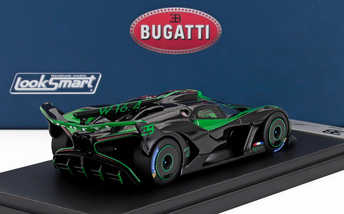 Maqueta detallada del Bugatti W16.4 en negro y verde con la marca LookSmart y el logotipo de Bugatti, disponible a través de Vroomi.