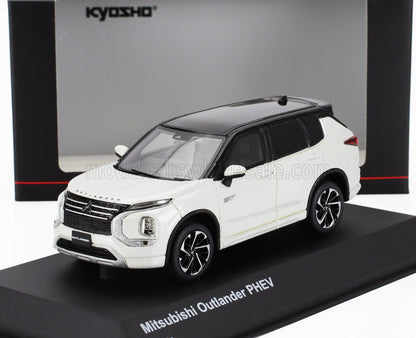 Detailed white and black Mitsubishi Outlander PHEV model car on display stand, available through Vroomi