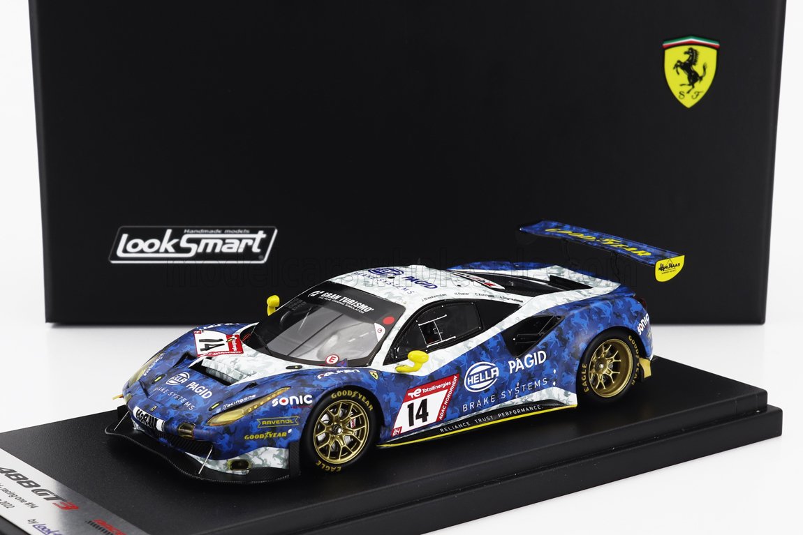 Modelo detallado en azul y blanco del Ferrari 488 GT3 con adhesivos de competición, con los logotipos de LookSmart y Ferrari, también presente en Vroomi.