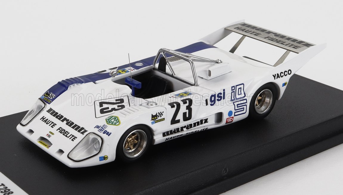 Detailed white and blue scale model of vintage race car number 23 with sponsor decals, featured on Vroomi