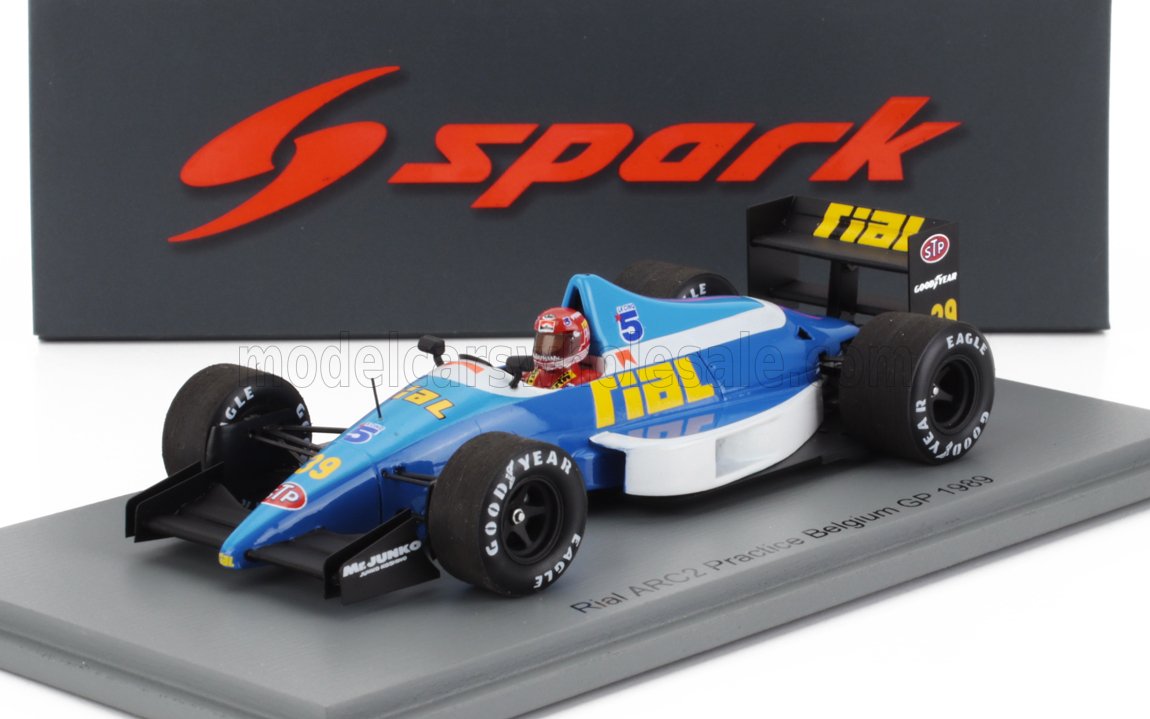 Maqueta a escala 1:43 del coche de Fórmula 1 Rial ARC2 Practice Belgium GP de 1989, azul y blanco, disponible en la plataforma Vroomi.