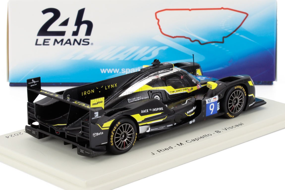 Black and yellow Iron Lynx 24h Le Mans race car model with Goodyear tires, showcased with Vroomi availability