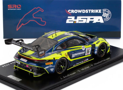 Scale model of Porsche 911 GT3 race car with yellow and blue livery, displayed with 24H Spa sign, available on Vroomi