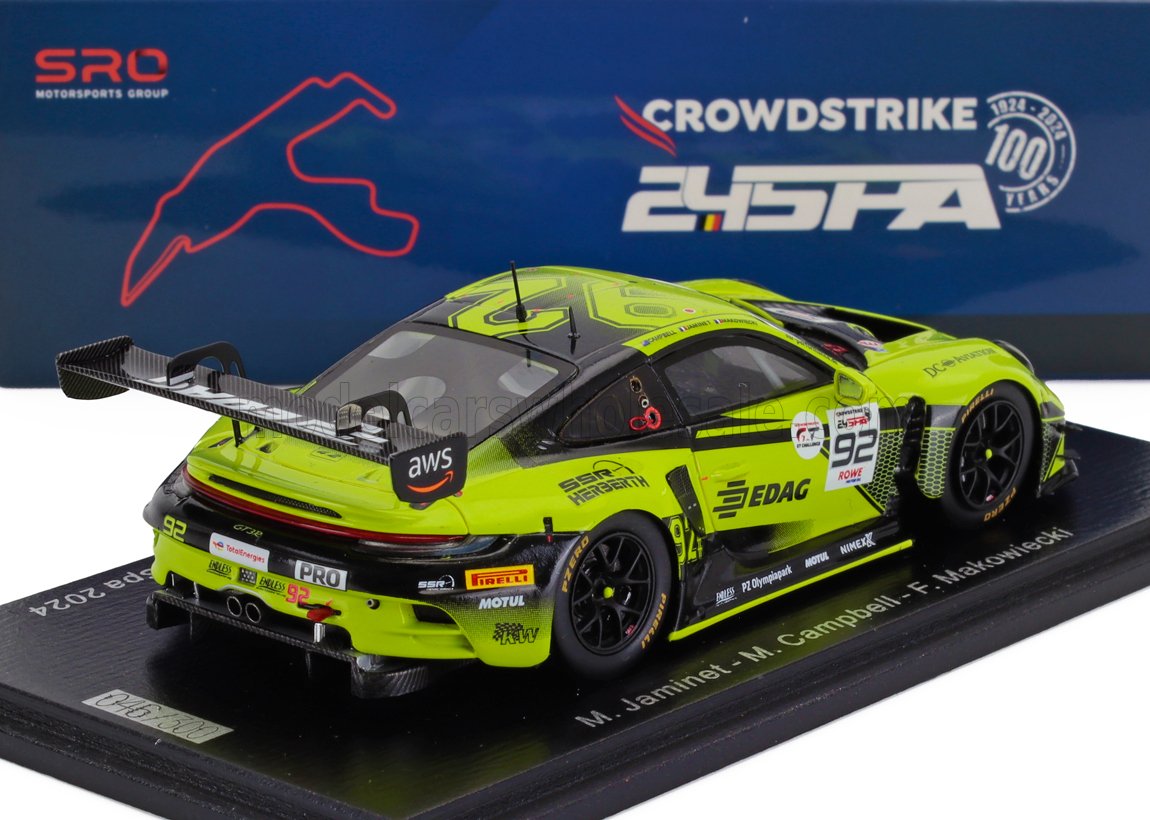 Yellow-green Porsche 911 GT3 race car model with racing decals on display, offered on Vroomi