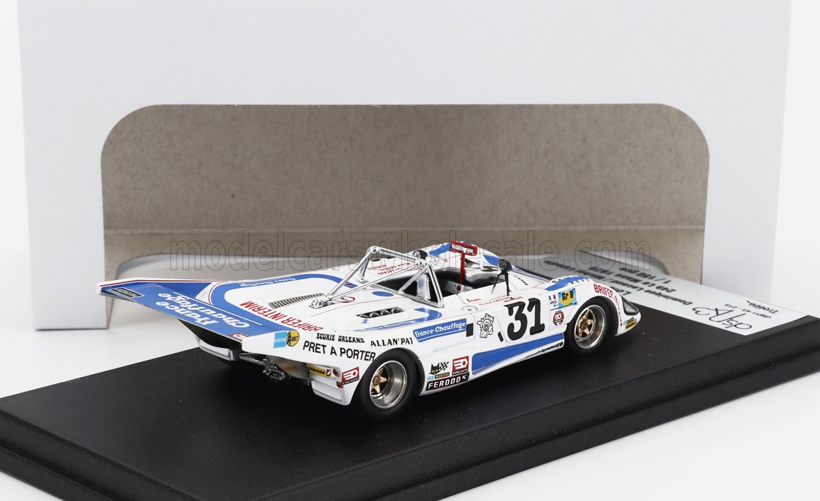1:43 scale white and blue vintage race car model #31 with sponsor decals, displayed on black base, orderable on Vroomi