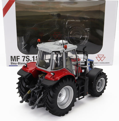 Maqueta detallada del tractor Massey Ferguson MF 7S.185 en rojo y gris, disponible en Vroomi coches de colección.