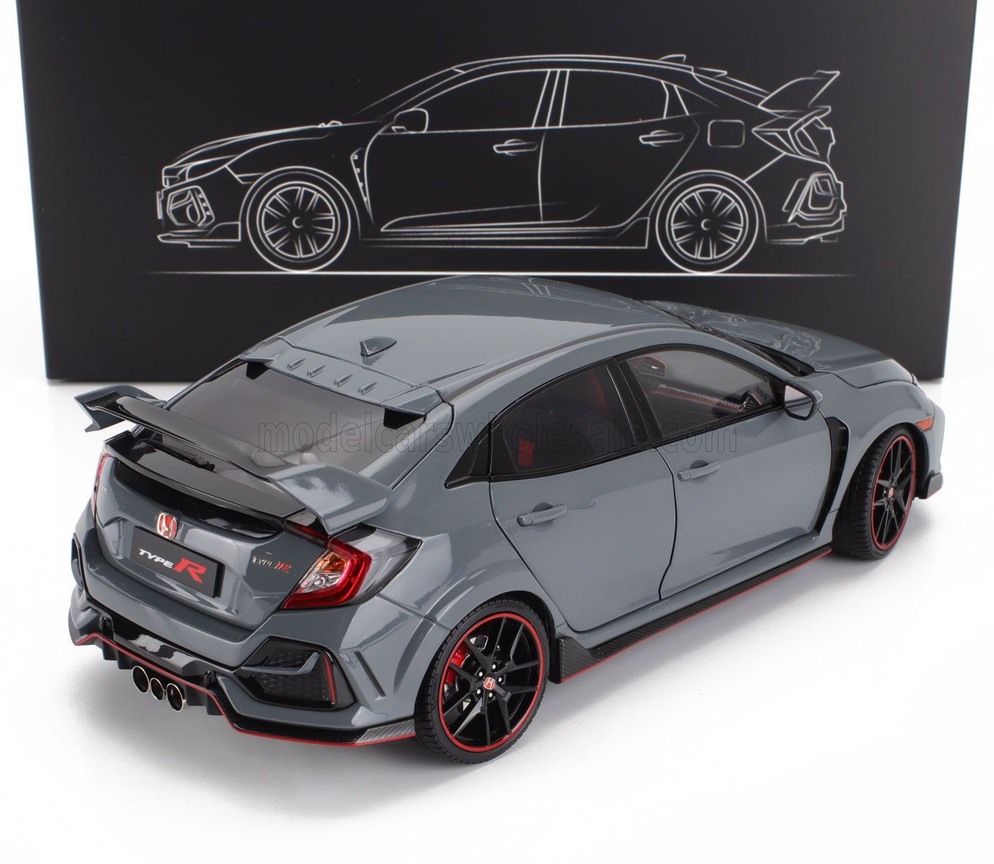 Gray Honda Civic Type R model car with black and red trim, displayed with design sketch, offered on Vroomi