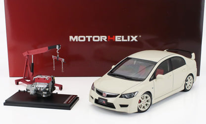 Modelo de coche Honda Civic Type R blanco con motor detallado y grúa, disponible en Vroomi.