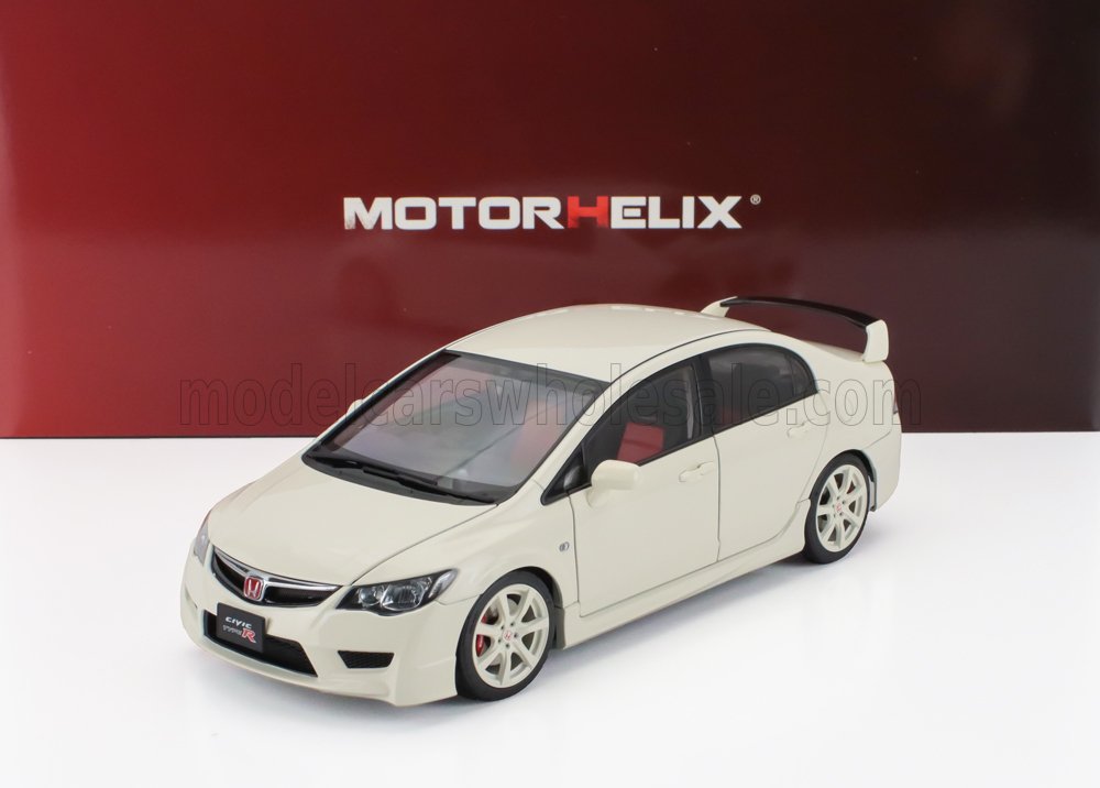 Modelo de coche Honda Civic Type R blanco con detalles en rojo, expuesto sobre un fondo Motorhelix, disponible en Vroomi.