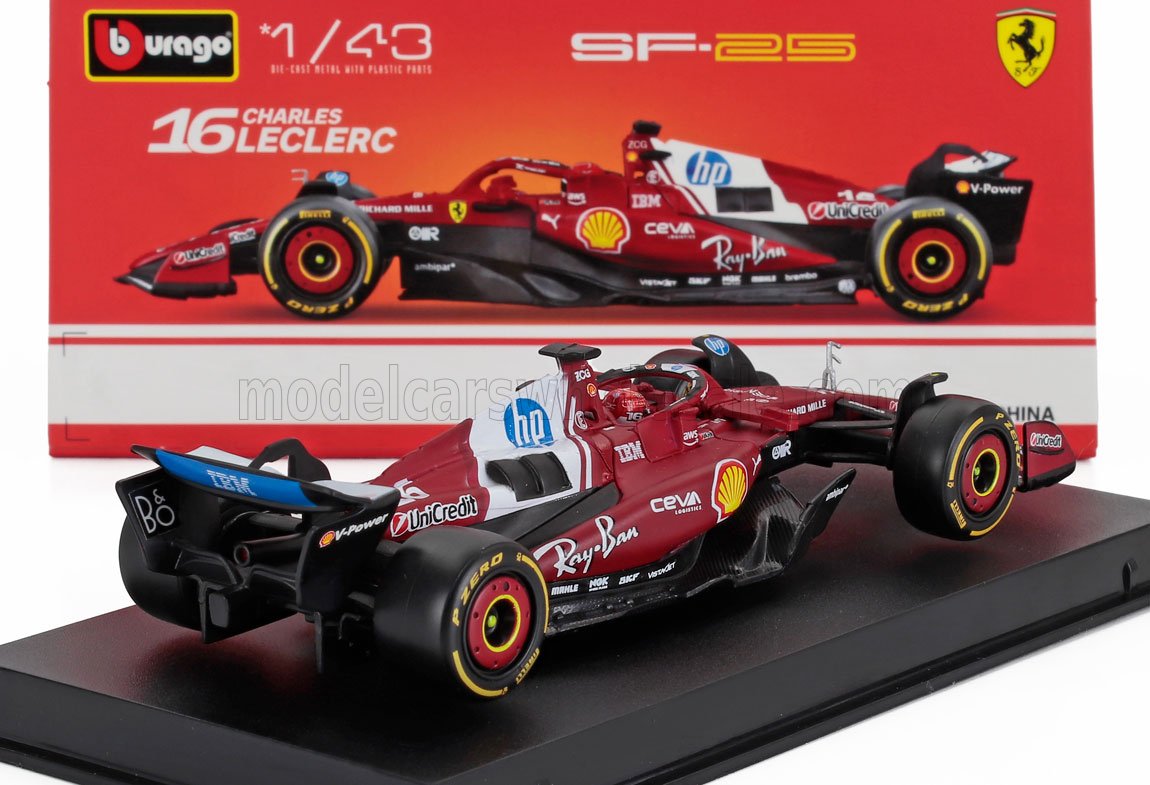 Modelo a escala 1/43 de Burago del Ferrari SF-25 de Charles Leclerc con adhesivos de patrocinadores, disponible en Vroomi.