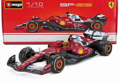 Coche a escala 1/18 del Ferrari SF-25 de Fórmula 1 de Bburago con logotipos detallados de los patrocinadores, ahora disponible en Vroomi.