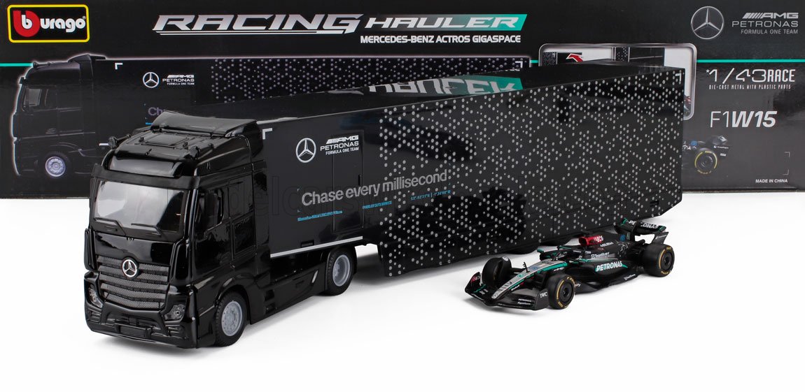 MERCEDES BENZ - ACTROS 2 GIGASPACE TRUCK CAR TRANSPORTER WITH F1 MERCEDES GP W14 TEAM MERCEDES-AMG PETRONAS FORMULA ONE SEASON 2023 GEORGE RUSSELL - Vroomi