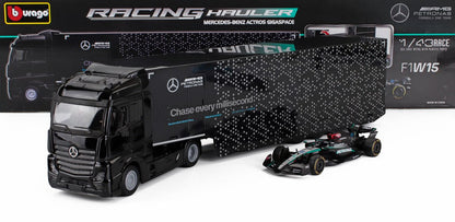 MERCEDES BENZ - ACTROS 2 GIGASPACE TRUCK CAR TRANSPORTER WITH F1 MERCEDES GP W14 TEAM MERCEDES-AMG PETRONAS FORMULA ONE SEASON 2023 GEORGE RUSSELL - Vroomi