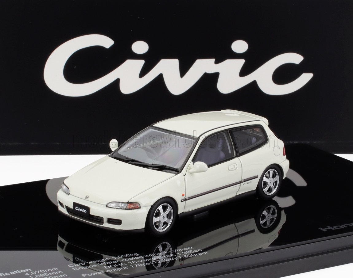 White Honda Civic hatchback model car on display stand with Civic logo, offered on Vroomi