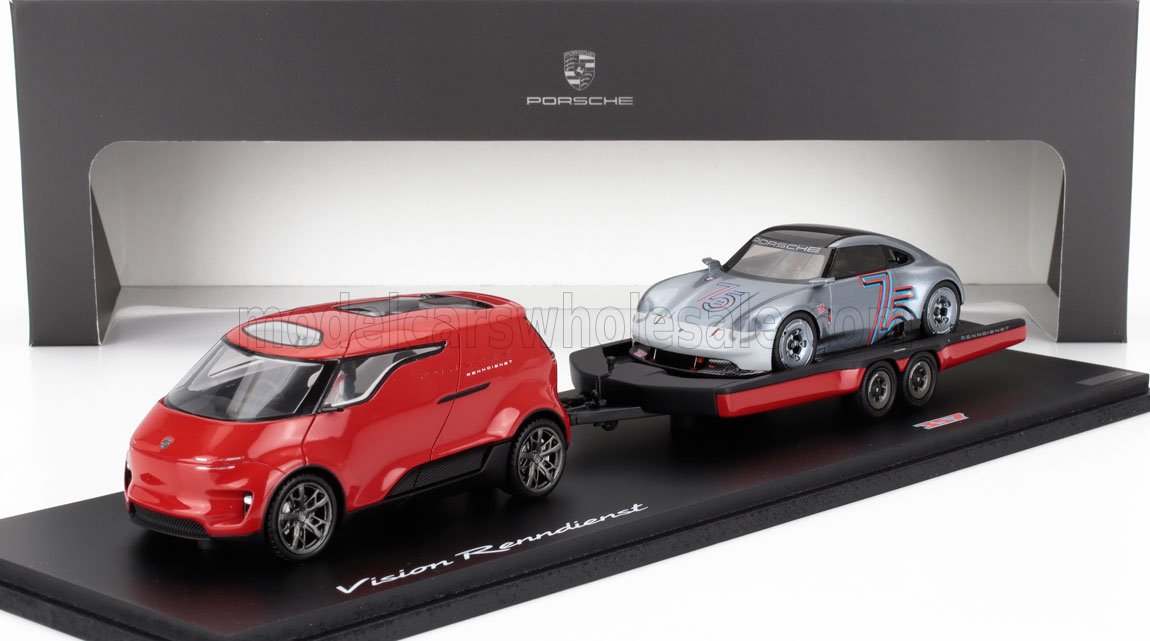 Maqueta de un Porsche Vision Renndienst rojo con un Porsche 911 clásico plateado en un remolque, presentada en Vroomi.