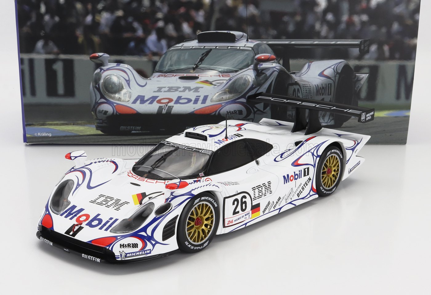 Porsche 911 GT1 race car model with Mobil and IBM livery, offered on Vroomi platform