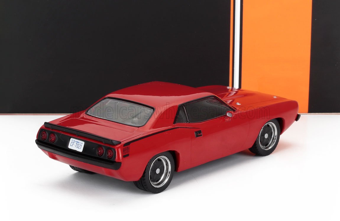 Red classic muscle car model with black spoiler and HEMI badge, featured in Vroomi collection