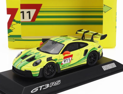 Yellow and green Porsche 911 GT3 RS model car with red mirrors on black display base available on Vroomi