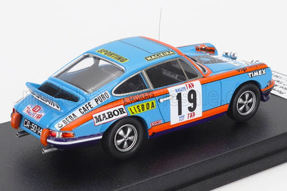 Blue and orange vintage Porsche rally car model with number 19 and sponsor decals, featured on Vroomi