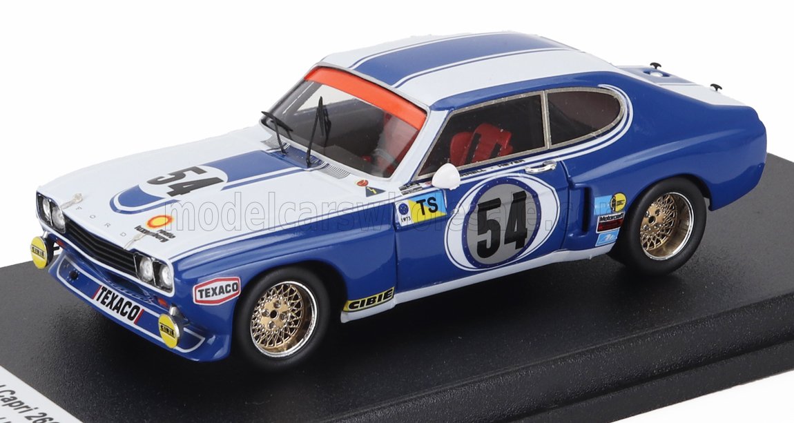 Coche de carreras Ford Capri azul y blanco, número de modelo 54, con adhesivos Texaco, pieza de colección disponible a través de Vroomi.